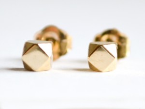 14K Gold Tiny Faceted Cube Stud Earrings