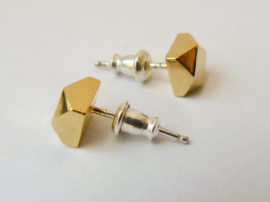 Gold Large Faceted Stud Earrings 2