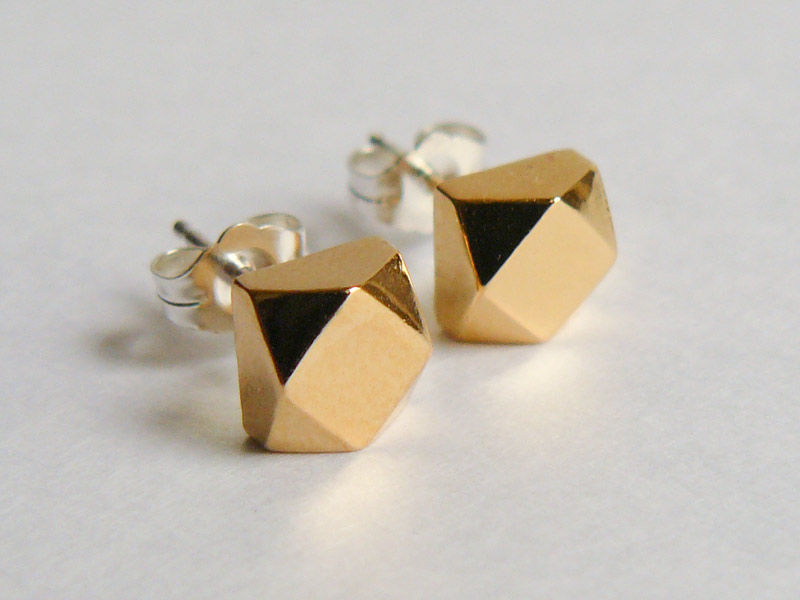 Gold Large Faceted Stud Earrings