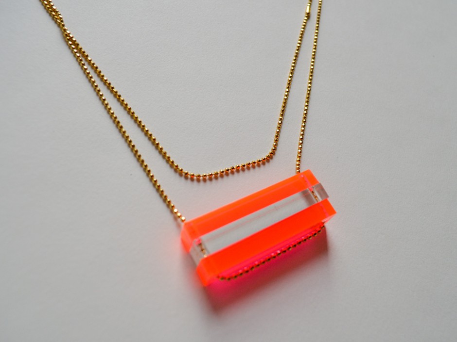 Long Neon Pink and Clear Bar Necklace