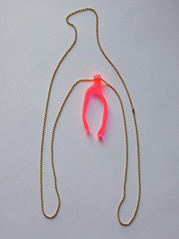Fluorescent Pink Neon Wishbone Necklace on a Gold Chain