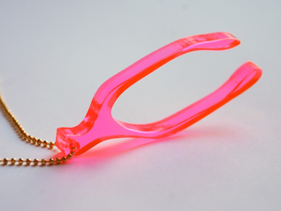 Fluorescent Pink Neon Wishbone Necklace on a Gold Chain