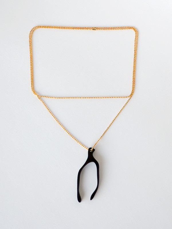 Black Wishbone Charm Necklace Long Gold Chain