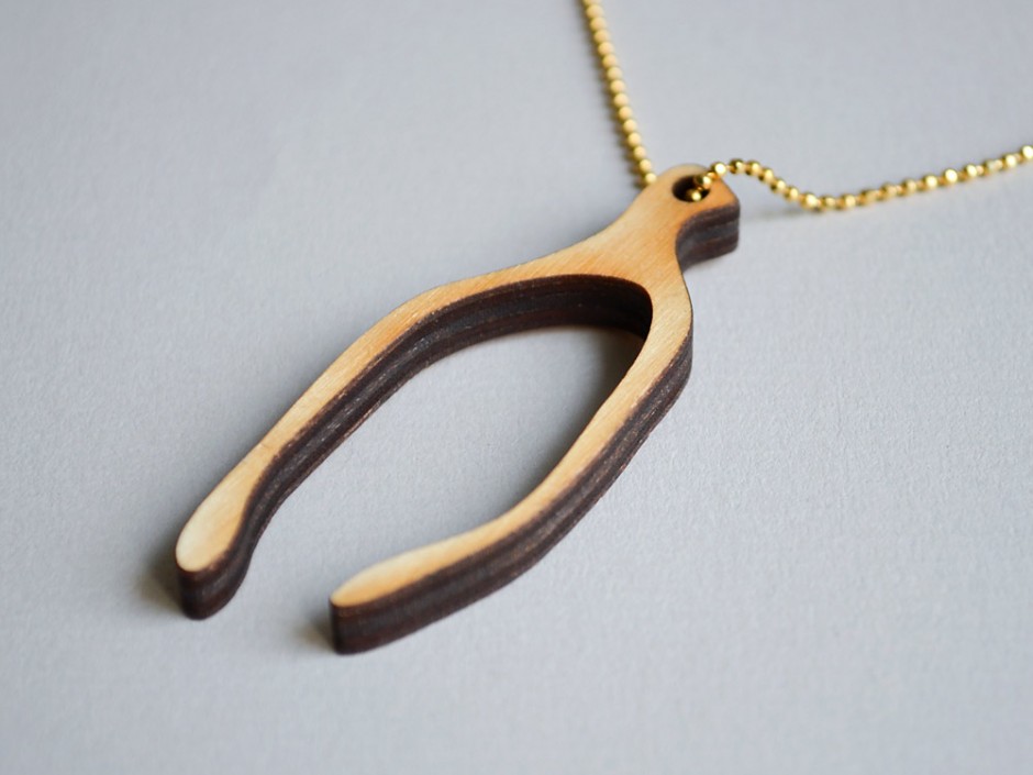 Wood Wishbone Necklace on Gold Chain